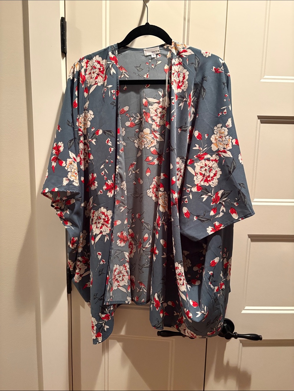 Floral Open Kimono Cardigan in Slate Blue with Red & Cream Blooms